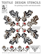 Load image into Gallery viewer, The Oak Stencil from Sproule Studios can be used in multiple layouts for mixed media textile arts.