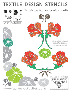 Nasturtium Stencil by Sproule Studios for fiber arts and mixed media projects.