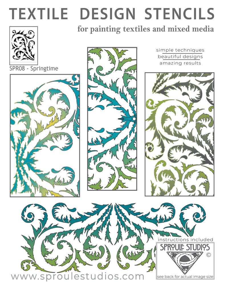 The Springtime Stencil is a series of graceful curves and swirls for painting fabric and mixed media.