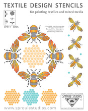 Load image into Gallery viewer, The Bee STencil from Sproule Studios includes a honey bee, bumble bee, and a honeycomb.
