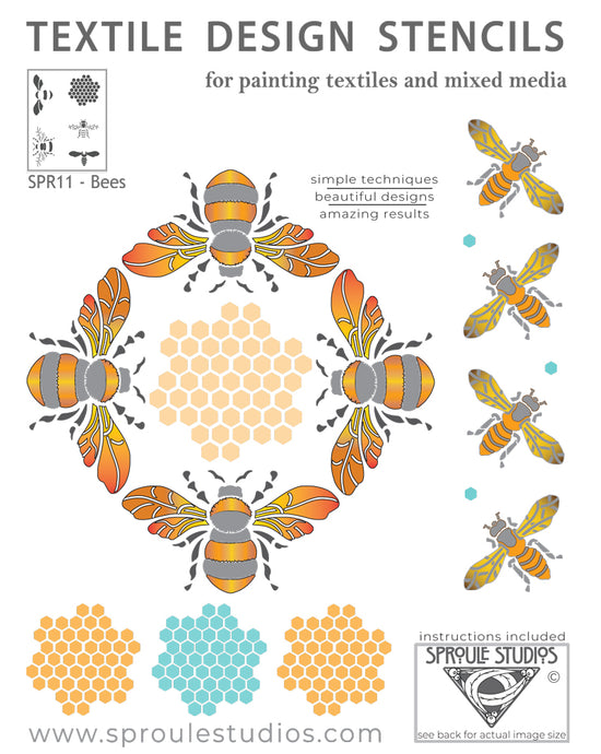 The Bee STencil from Sproule Studios includes a honey bee, bumble bee, and a honeycomb.