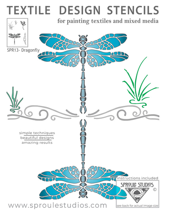 The Dragonfly Stencil was created by April Sproule for painting fabrics and mixed media projects.