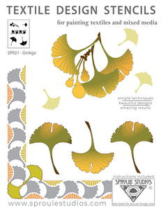 the Ginkgo Stencil from Sproule Studios is for painting on mixed media or textile projects.