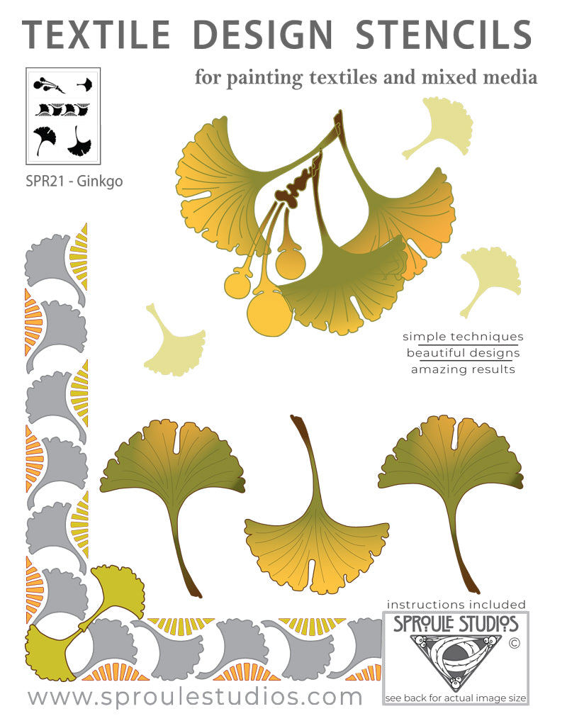 the Ginkgo Stencil from Sproule Studios is for painting on mixed media or textile projects.