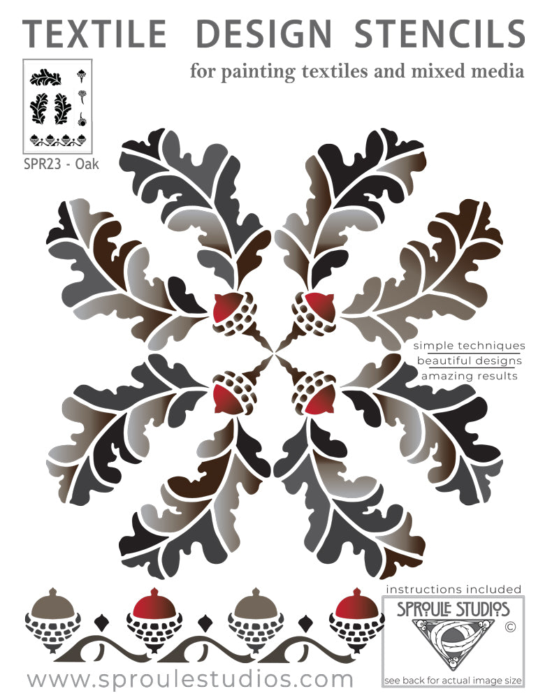 The Oak Stencil from Sproule Studios can be used in multiple layouts for mixed media textile arts.