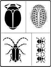Load image into Gallery viewer, Mixed media Beetles Stencil by April Sproule has three different types of beetles.